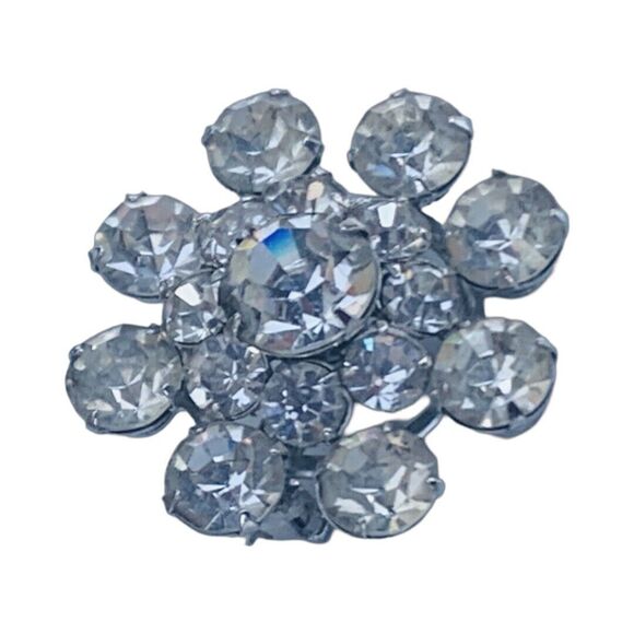 Vintage Silver Tone Flower Brooch Pin 1" Layered Snowflake Icy Rhinestone - Picture 4 of 7